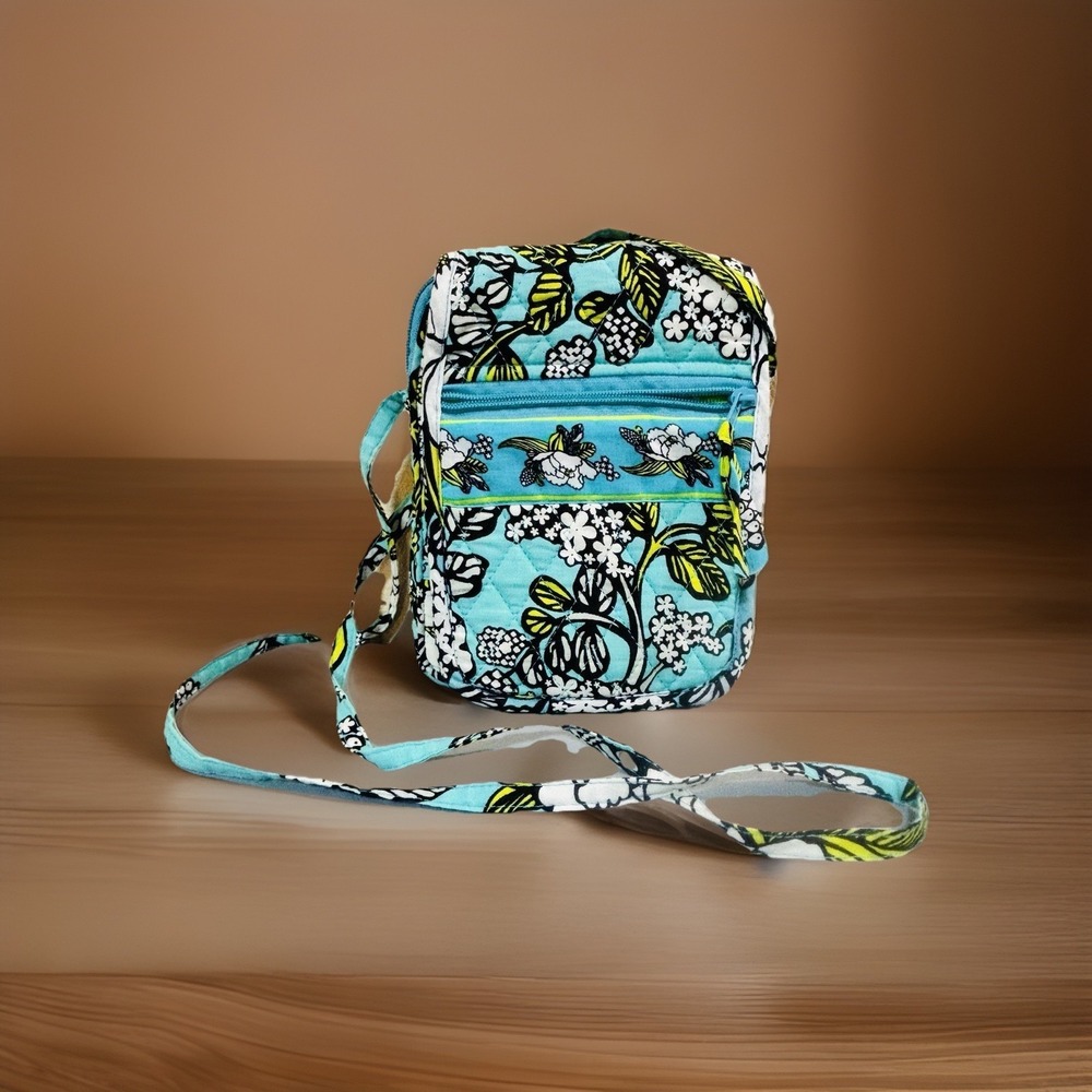 Teal Blue Green Yellow Floral Crossbody Bag Purse Cotton Quilted Flap Zip Pocket